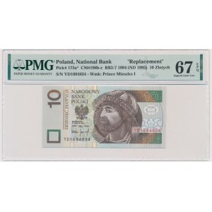 10 złotych 1994 - YD - PMG 67 EPQ - seria zastępcza