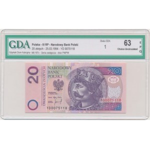 20 złotych 1994 - YD - GDA 63 EPQ - seria zastępcza