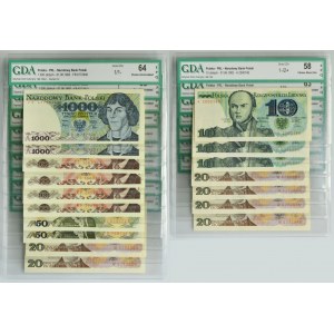 Set, 10-1,000 gold 1982-88 in GDA grading (17 pieces).