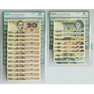 Set, 10-1,000 gold 1982-88 in GDA grading (21 pieces).