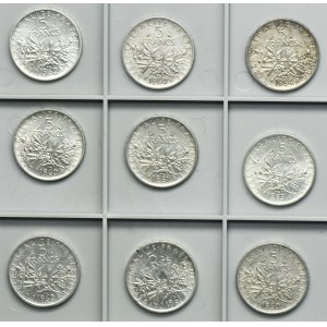 Lot, France, V Republic, 5 Francs (9 pcs.)