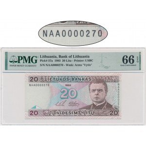 Lithuania, 20 Litu 1993 - NAA 0000270 - PMG 66 EPQ - low number