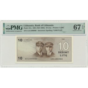 Lithuania, 10 Litu 1991 - AA - PMG 67 EPQ - with error in Girenas