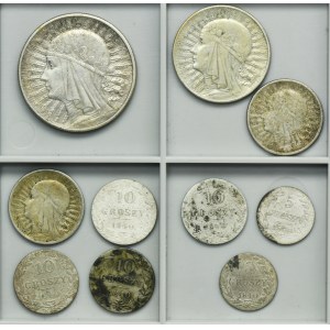 Satz, Polen, das Königreich Polen und die Zweite Republik, 5 Groszy, 10 Groszy, 2 Zlotys, 5 Zlotys und 10 Zlotys (10 Stück).