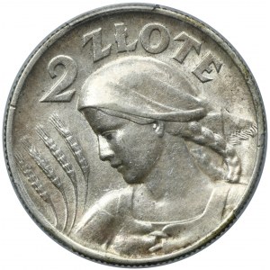 Kobieta i kłosy, 2 złote Londyn 1925 - PCGS AU58 - kropka po dacie