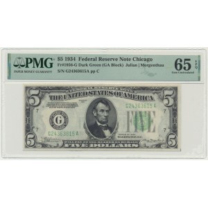 USA, Green Seal, Chicago, 5 Dollars 1934 - Julian & Morgenthau - PMG 65 EPQ
