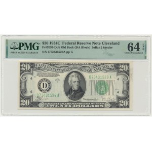 USA, Green Seal, Cleveland, 20 Dollars 1934 - Julian & Snyder - PMG 64 EPQ