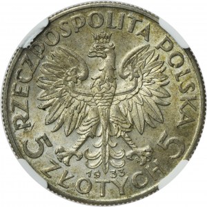 Hlava ženy, 5 zlotých Varšava 1933 - NGC AU58