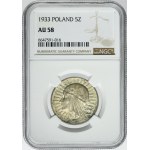 Hlava ženy, 5 zlotých Varšava 1933 - NGC AU58