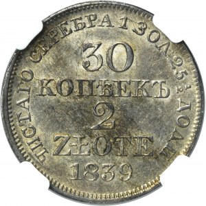 30 kopeck = 2 zloty Warsaw 1839 MW - NGC AU55