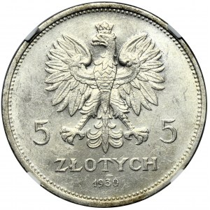 Sztandar, 5 złotych 1930 - NGC MS64 - stempel płytki