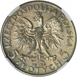 Głowa Kobiety, 5 złotych Warszawa 1934 - NGC UNC DETAILS