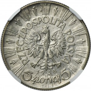 Piłsudski, 5 złotych 1938 - NGC AU DETAILS