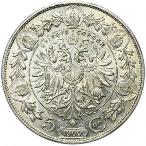 Austria, Franz Joseph I, 5 Corona Wien 1909 - Schwartz