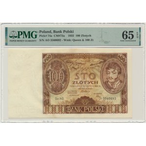 100 złotych 1932 - Ser.AO. - znw. kreski na dole - PMG 65 EPQ - rzadki w takim stanie