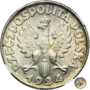 Kobieta i kłosy, 2 złote Birmingham 1924 literka H - NGC MS62