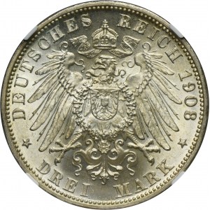 Germany, Baden, Friedrich II, 3 Mark Karlsruhe 1908 G - NGS MS64