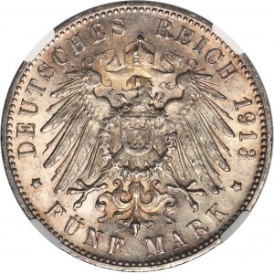 Germany, Kingdom of Württemberg, Wilhelm II, 5 Mark Stuttgart 1913 F - NGC MS62