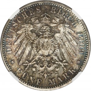 Germany, Saxony, Friedrich August III, 5 Mark Muldenhütten 1909 - NGC MS66+