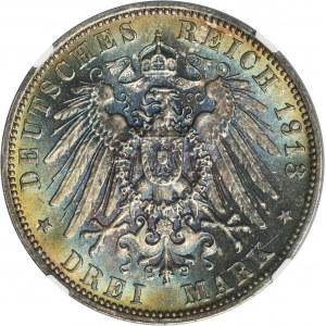 Germany, Saxony, Friedrich August III, 3 Mark Muldenhütten 1913 E - NGC MS65