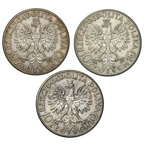 Zestaw, Głowa Kobiety, 10 złotych Londyn 1932 (3 szt.)