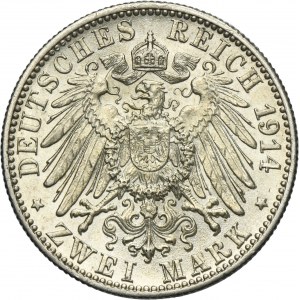 Germany, Kingdom of Württemberg, Wilhelm II, 2 Mark Stuttgart 1914 F