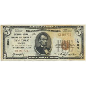 USA, Sceau brun, New York, New York, $5 1929