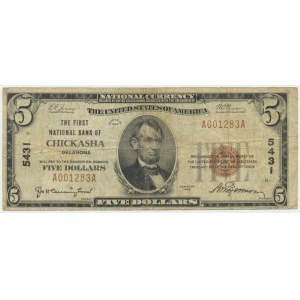 USA, Brown Seal, Chickasha, Oklahoma, 5 Dollars 1929