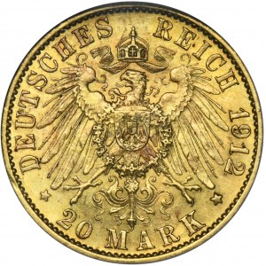 Germany, Kingdom of Prussia, Wilhelm II, 20 Mark Berlin 1912 A - GCN AU58