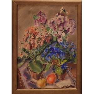 Adolf Łubiański-Inatowicz, Stillleben mit Blumen in Töpfen und einem Apfel