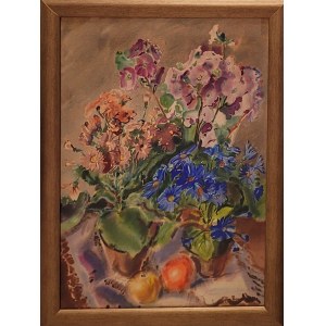 Adolf Łubiański-Inatowicz, Still Life with Flowers in Pots and an Apple