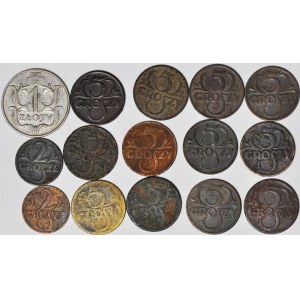 1 złoty 1929, 5 i 2 grosze, zestaw 15 szt.