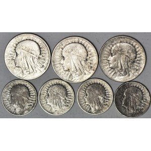 5 złotych 1933 i 2 złote 1933 Głowa, zestaw 7 szt.