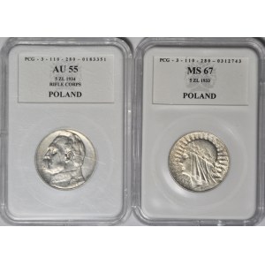 5 złotych 1934 Głowa i 1934 Piłsudski orzeł strzelecki, zestaw 2 szt.,