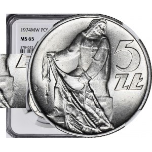 RR-, 5 złotych 1974, Rybak na TRAWCE, trawka obok buta, b. rzadki