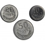 Zestaw 3 szt., PRL, 50 groszy 1957, 20 groszy 1949 i 10 groszy 1965, piękne