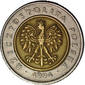 RR-, 5 złotych 1994, DESTRUKT, ODWROTKA 180 stopni