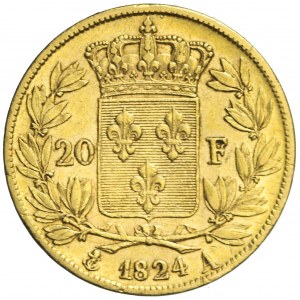 Francja, Ludwik XVIII, 20 franków 1824 A, Paryż