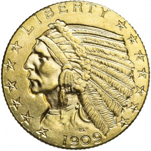 Stany Zjednoczone Ameryki (USA), 5 dolarów, Indianin, 1909, Denver, piękne