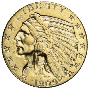 Stany Zjednoczone Ameryki (USA), 5 dolarów, Indianin, 1909, Denver, bardzo ładne