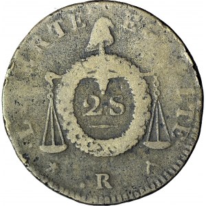 R-, Francja, 2 sols à la balance 1794, R, Orléans