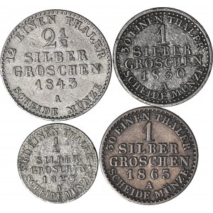 4 szt. Niemcy, Prusy, 2-1/2 1843-A, 1 1830A i 1863A, 1/2 1825 A, silber groschen
