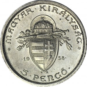 Węgry, 5 pengö 1938, Św. Stefan, Budapeszt, mennicze