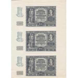 20 złotych 1940, bez serii i numeratora, arkusz nierozcięte 3 egzemplarze