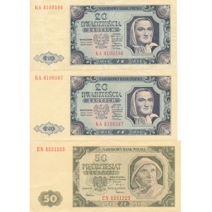 zestaw 3 szt. , PRL, 20 i 50 złotych 1948, ser. KA i EN