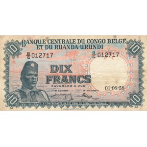 Afryka, Kongo belgijskie, Rwanda, 10 franków 1958 sierpień