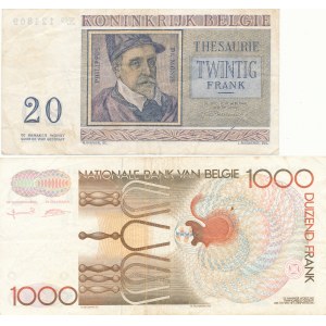 Belgia, 1000 Franków 1980 i 20 franków 1950, zestaw 2 szt.