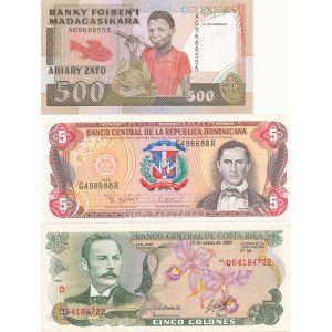 Dominikana 5 pesos 1984, Kostaryka 5 colones 1992, Madagaskar 500 Franków, zestaw 4 szt.