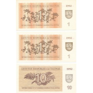 Litwa, 1 i 10 kuponów 1992, zestaw 3 szt.