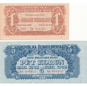 Czechosłowacja SPECIMEN 1 i 5 korun 1944, zestaw 2 szt.